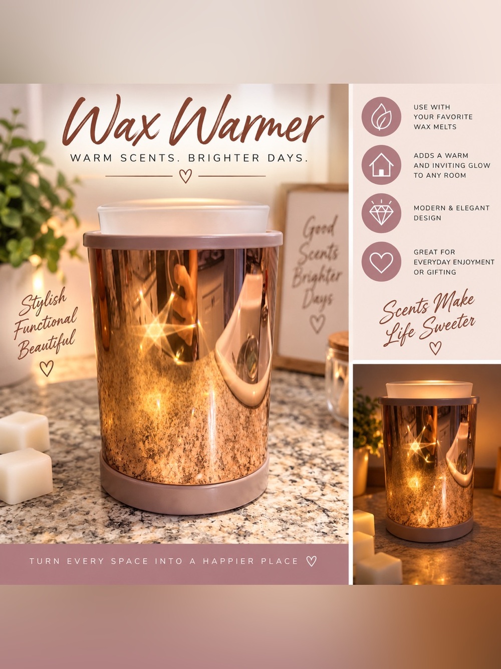 Scentsy Rose Gold Mercury Glass Electric Wax Melt Warmer